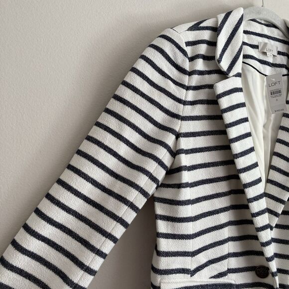 Loft Knit Blazer Jacket Womens Size 8 White Navy Striped Office Business Classic - Picture 5 of 11